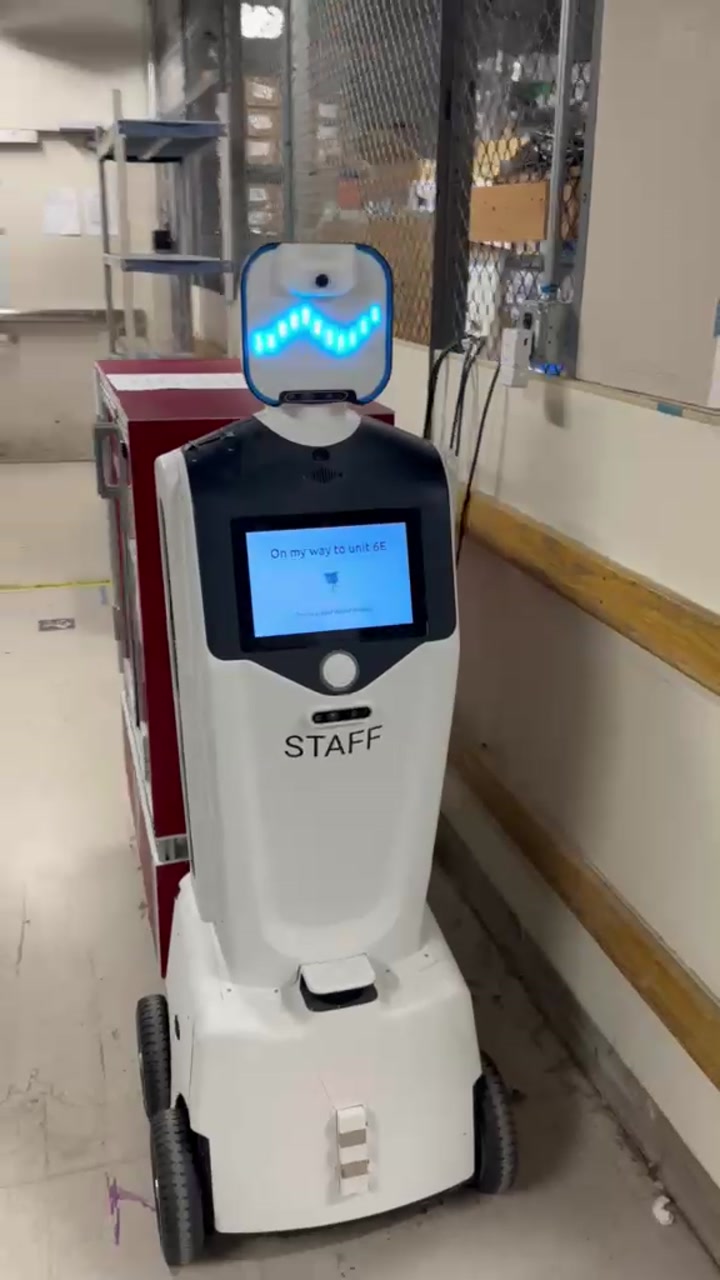 Gary, the Unlimited Robotics service robot, in a hospital supply room
